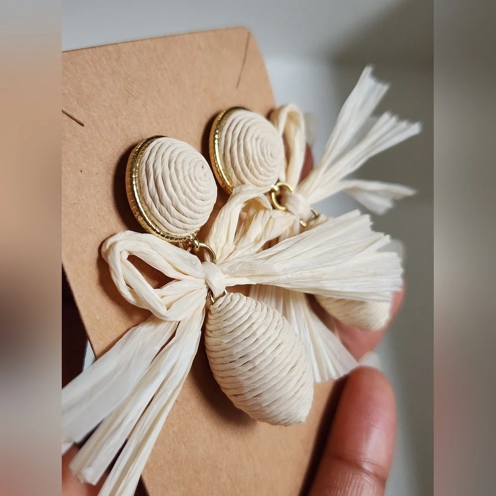 Cream Woven Paper Bow Drop Earrings Resort Statement OS